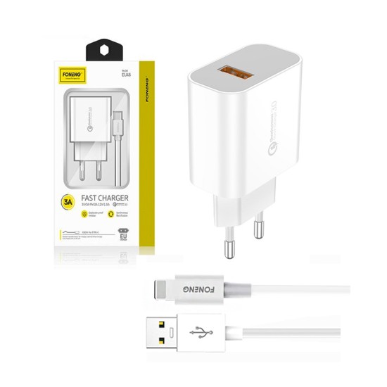 Foneng Fast USB Wall Charger EU46 with iPhone Cable 3A White